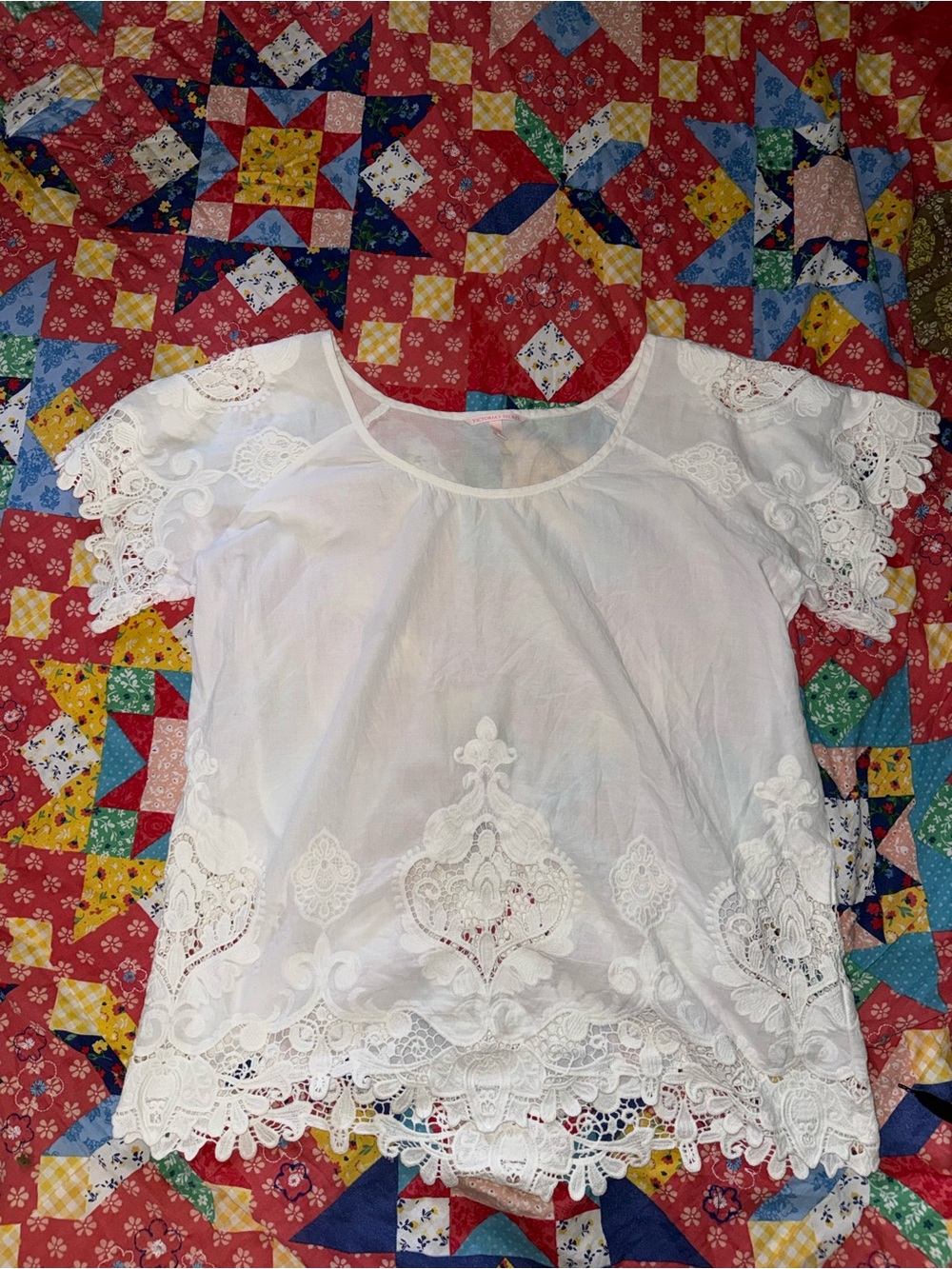 Victoria's Secret White Lace Crochet-Trim Short Sleeve Top